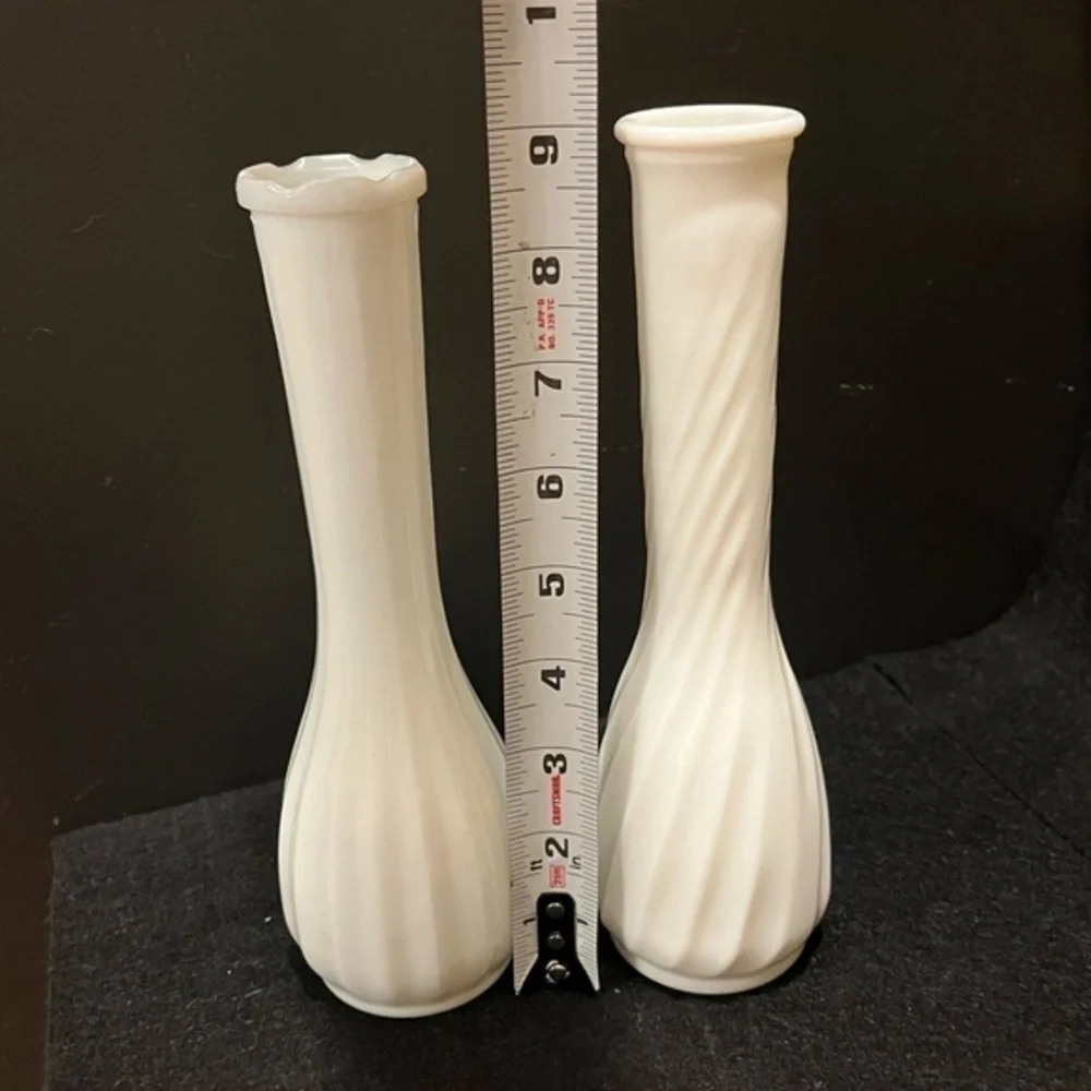 Vintage Milk Glass Bud Vases Straight Ribbed and Swirled Ribbed Set of Two
